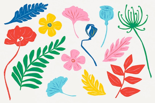 Free vector colorful flowers vintage floral linocut set