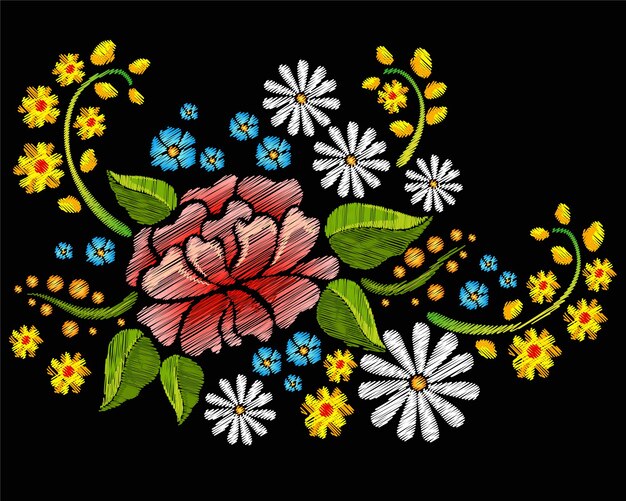 colorful flowers with embroidery style