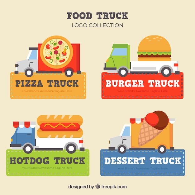 무료 벡터 평면 디자인으로 다채로운 음식 트럭 로고