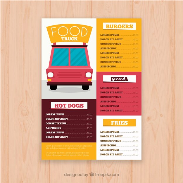 평면 디자인으로 다채로운 음식 트럭 메뉴