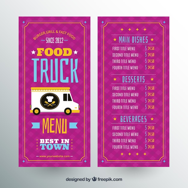 Free vector colorful food truck menu with flat design