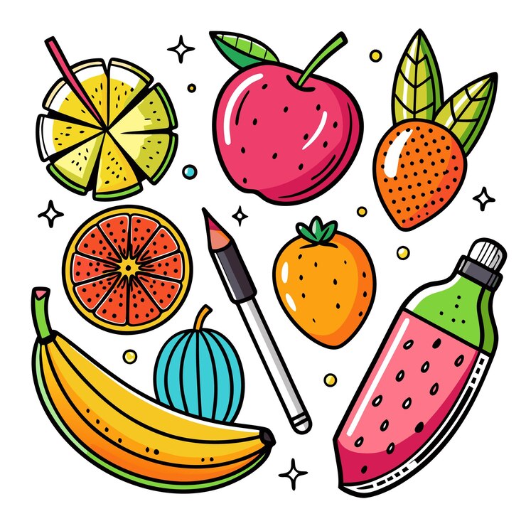 Free Vector colorful fruit and pencil illustration