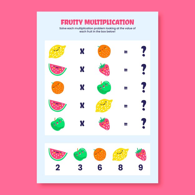 Рабочий лист умножения красочных фруктов