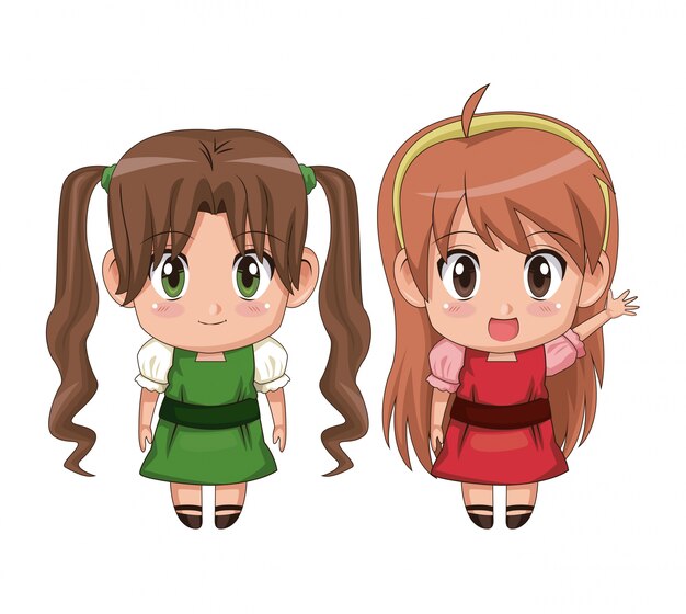 Premium Vector Colorful Full Body Couple Cute Anime Girl Facial Expression Happiness And Greeting