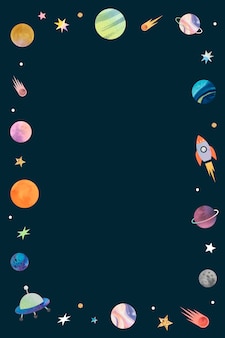 Cornice di doodle acquerello galassia colorata su sfondo nero