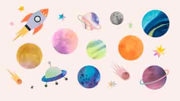 Vettore gratuito doodle dell'acquerello colorato galassia su sfondo pastello