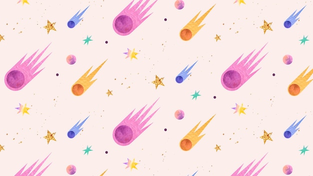 Free vector colorful galaxy watercolor doodle with comets on pastel background