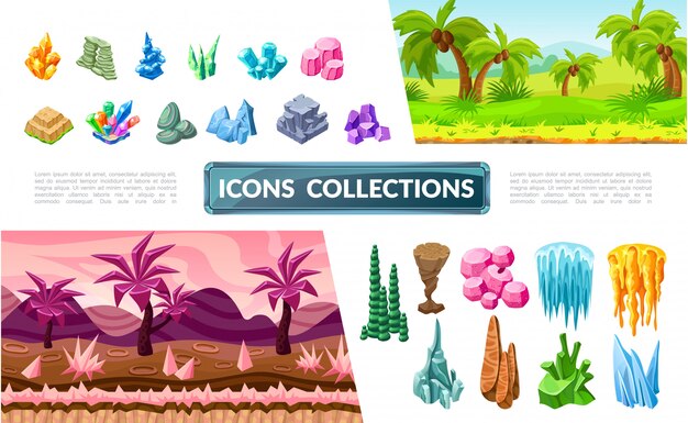 Colorful game landscape elements collection with tropical and fantasy sceneries bright stones minerals and crystals