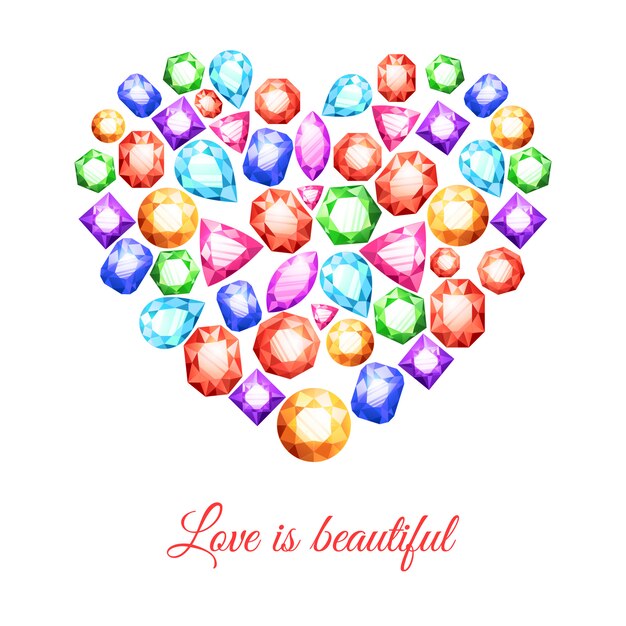 Colorful gemstones in heart shape with love is beautiful lettering 