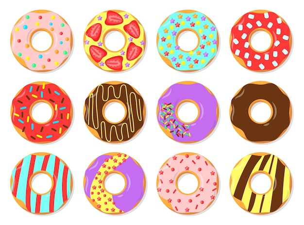 Colorful glazed donuts flat illustrations set