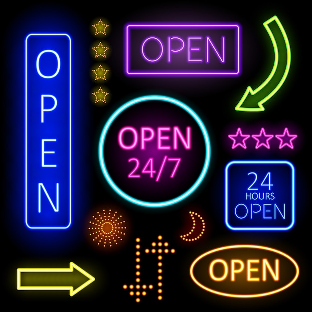 Free vector colorful glowing neon lights of open signs for establishment n black background.