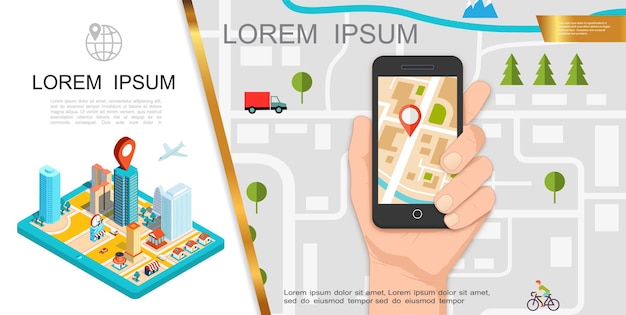 Free vector colorful gps composition with map hand holding mobile with navigation application and isometric city