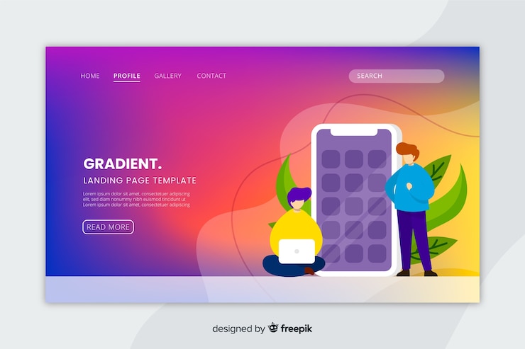 Free Vector colorful gradient landing page with illustrations template
