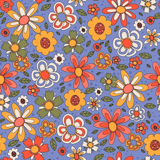 Colorful groovy floral pattern hand drawn