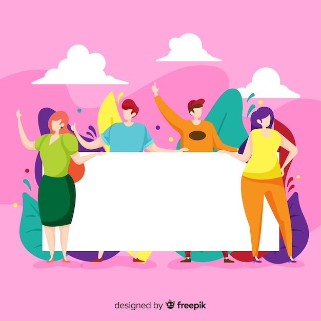 Free vector colorful group of people holding blank banner