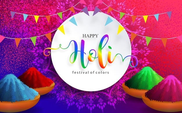 종이 색상에 골드 무늬와 크리스탈이있는 해피 홀리 카드를위한 다채로운 gulaal 파우더 컬러 인도 축제