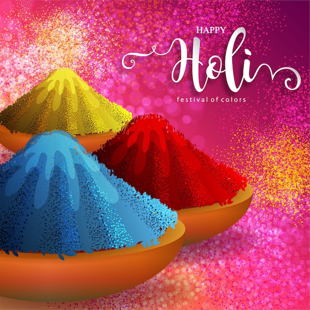 Vettore gratuito festa indiana colorata in polvere gulaal per carta happy holi con fantasia oro e cristalli su carta colorata