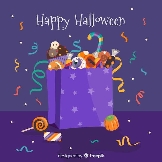 Colorful halloween candy bag background in flat design