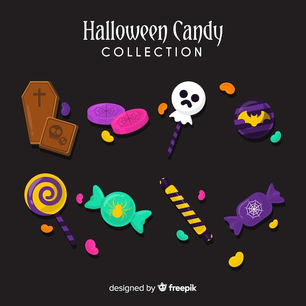Красочная коллекция конфет хэллоуина в плоском дизайне