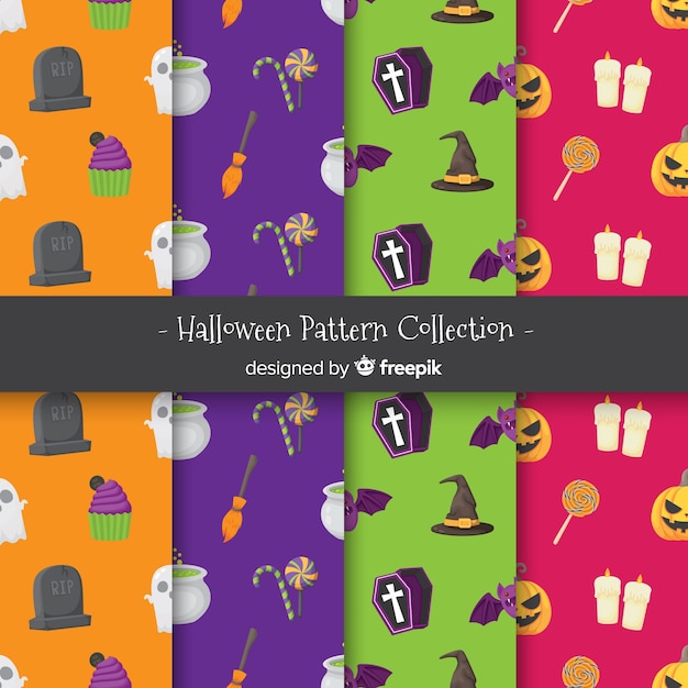 Vettore gratuito collezione di pattern colorato halloween con design piatto