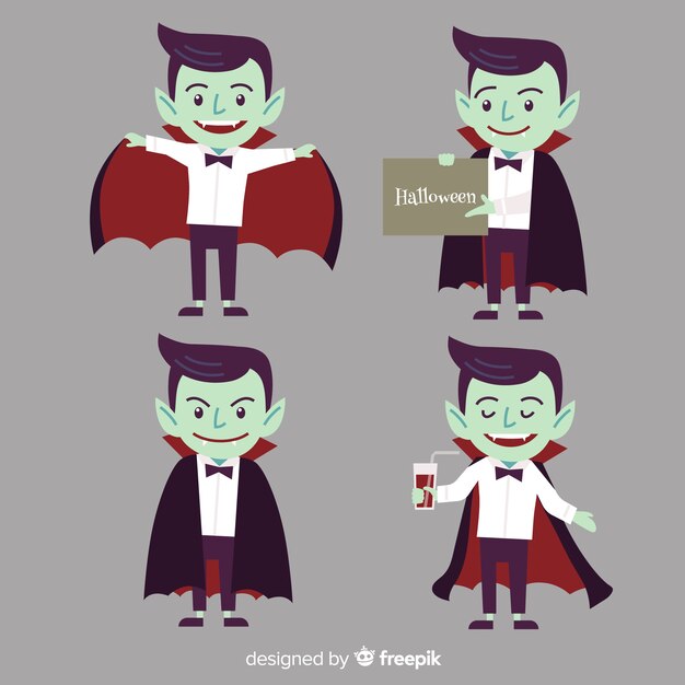 평면 디자인으로 화려한 할로윈 뱀파이어 캐릭터 컬렉션