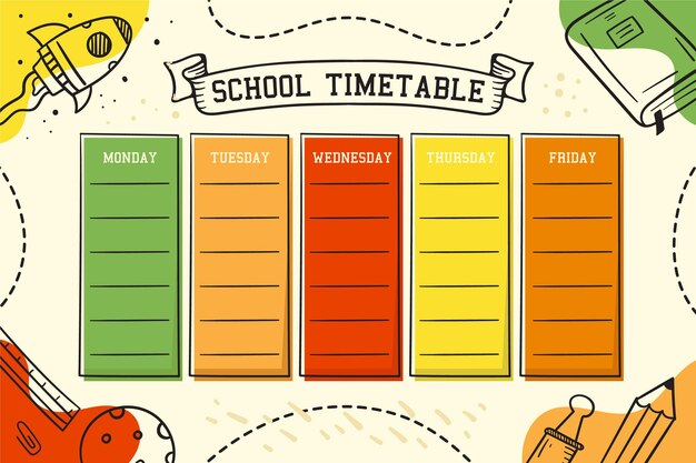 Colorful hand drawn back to school timetable