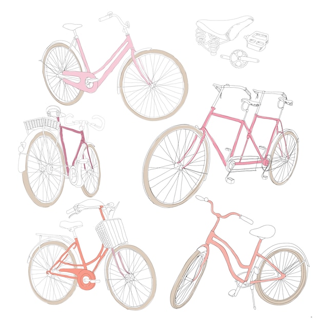 Бесплатное векторное изображение Набор красочных рисованной велосипедов