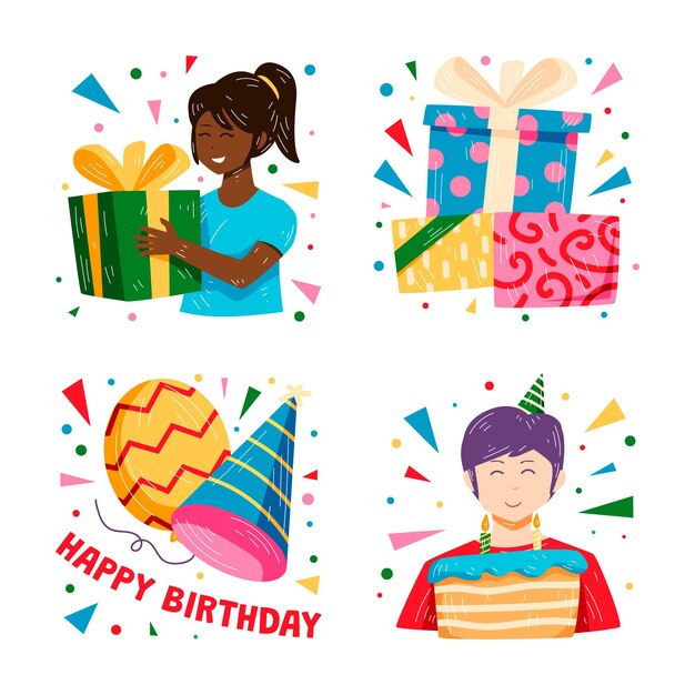 Colorful hand drawn birthday party stickers collection