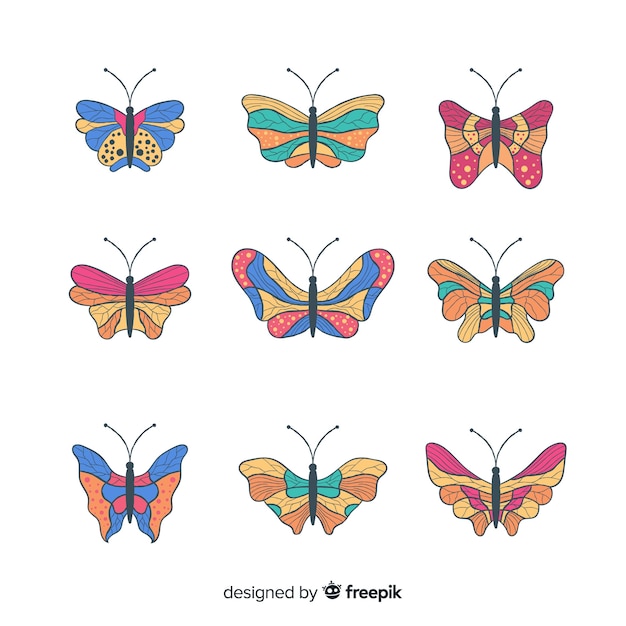 Colorful hand drawn butterflies collection