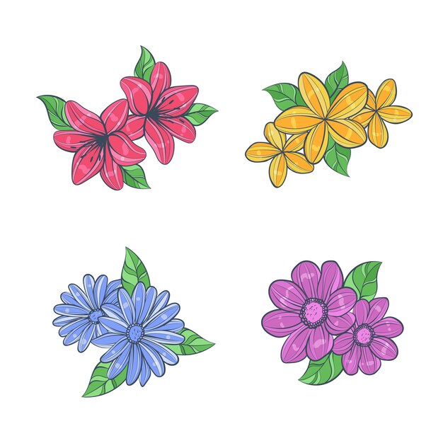 カラフルな手描きの花セット