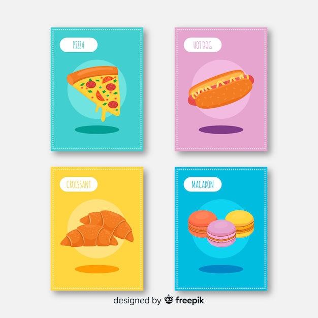다채로운 손으로 그린 음식 카드 컬렉션