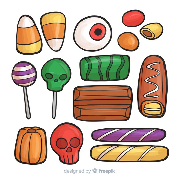 무료 벡터 다채로운 손으로 그린 할로윈 사탕 컬렉션