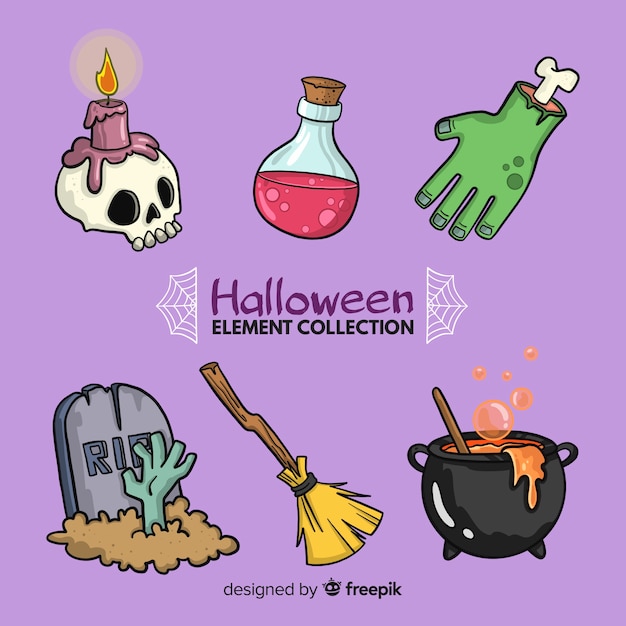 Free vector colorful hand drawn halloween element collection
