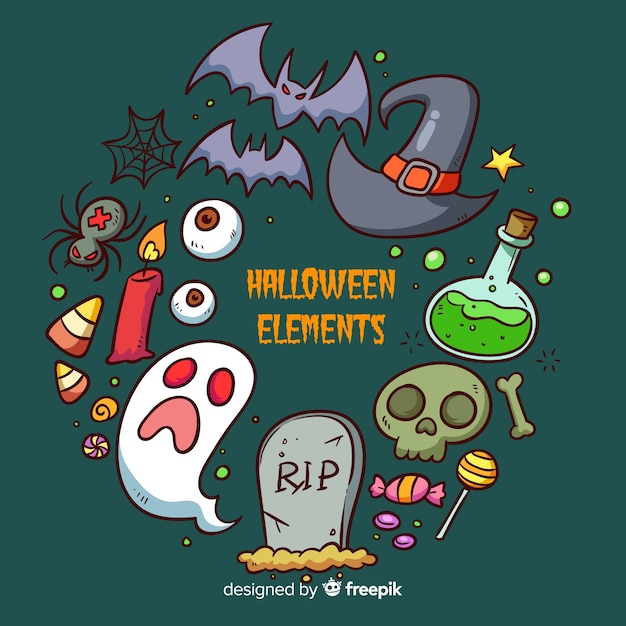 Collezione di elementi di halloween disegnata a mano colorata