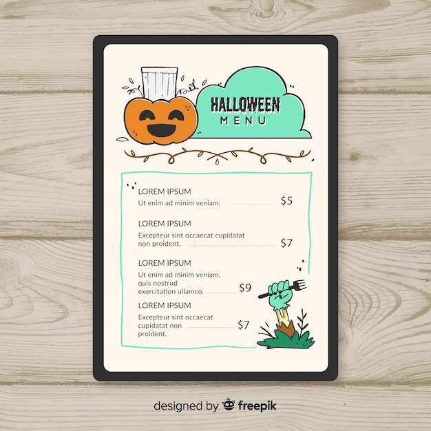 Modello di menu di halloween disegnato a mano colorato