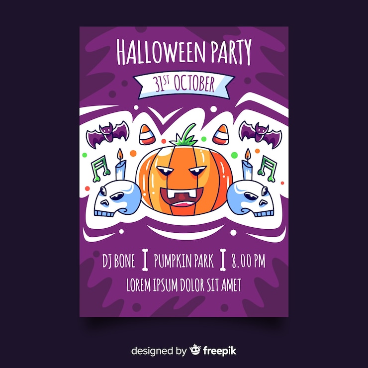 無料Vector カラフルな手描きのハロウィンパーティーポスター