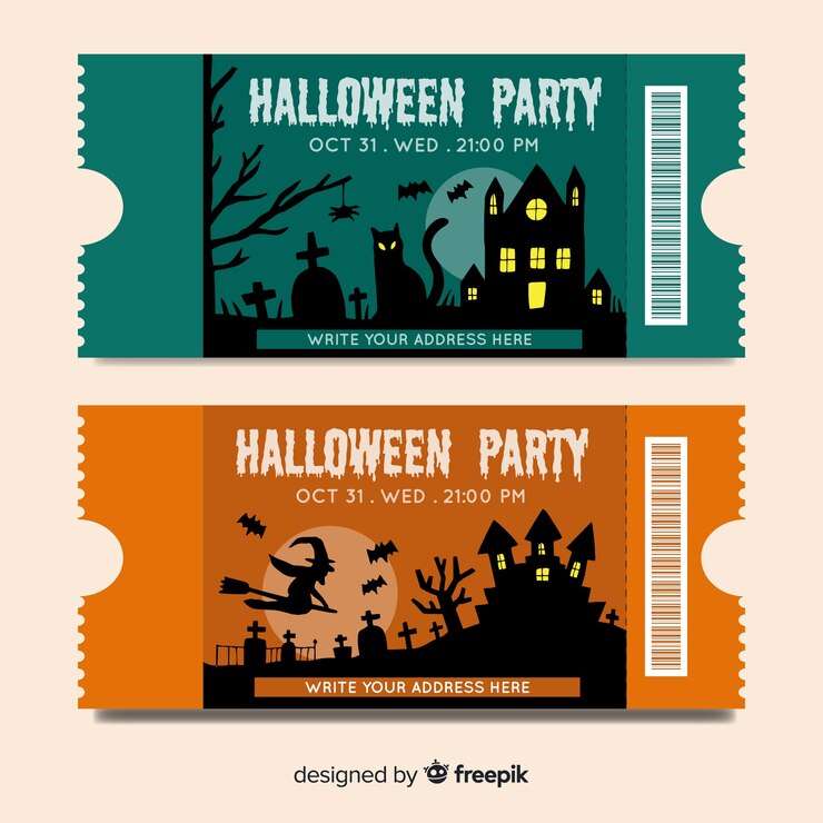 Free Vector colorful hand drawn halloween party ticket template