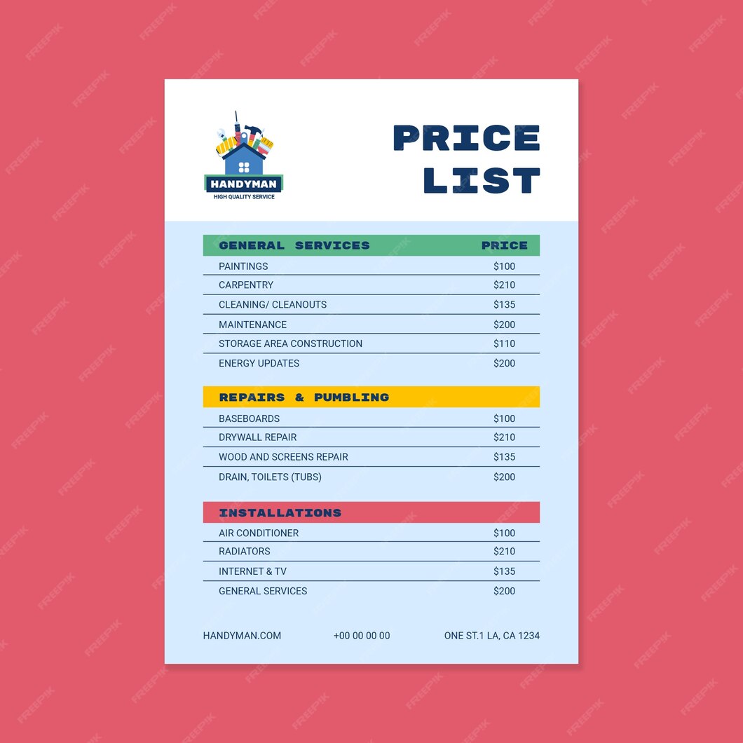 Free Vector Colorful hand drawn handyman price list
