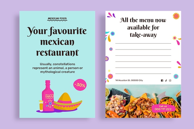 Colorful hand drawn mexican restaurant postcard