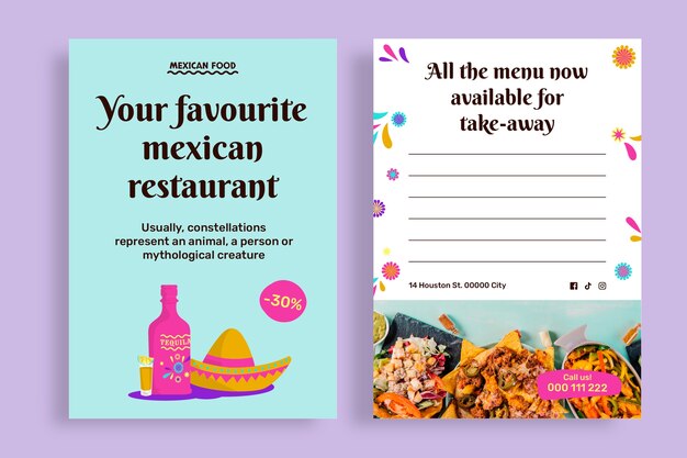 Colorful hand drawn mexican restaurant postcard