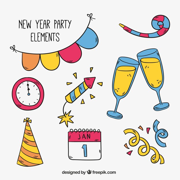 Colorful hand drawn new year party element collection