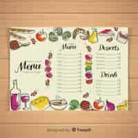 Vettore gratuito modello di menu ristorante disegnato a mano colorata