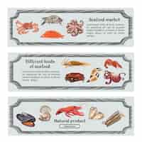 Free vector colorful hand drawn seafood horizontal banners