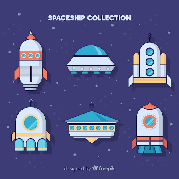 Colorful hand drawn spaceship collection