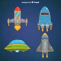 Free vector colorful hand drawn spaceship collection