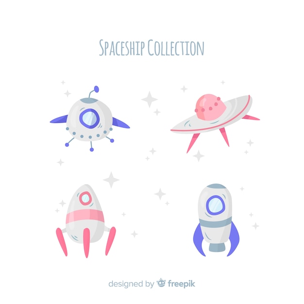 Colorful hand drawn spaceship collection