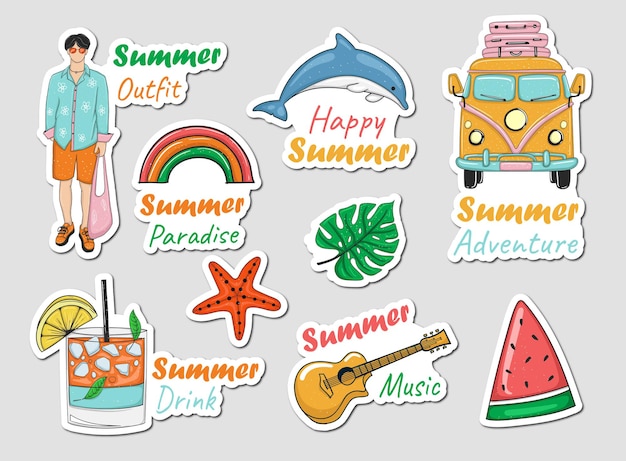 다채로운 손으로 그린 여름 요소 스티커 컬렉션
