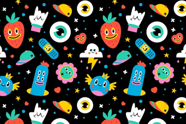 Free vector colorful hand drawn trendy cartoon pattern