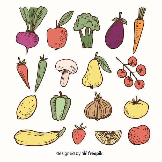 다채로운 손으로 그린 야채와 과일 팩