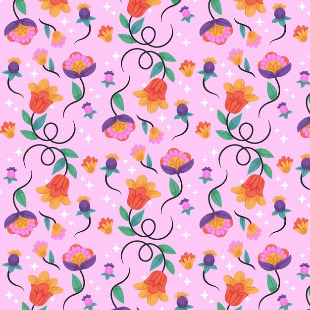 Colorful hand painted exotic flowers and leaves pattern